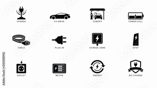 Foto Modern electric vehicle charging icons set with minimalist design for tech prese