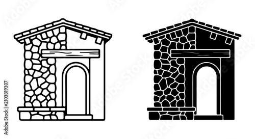 Quadro su tela Rustic Stone Building Vector, Traditional Architecture Icon, Old House Silhouett