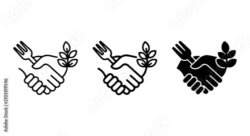 Handshake with Fork and Leaves Icons, Agreement and Partnership Concepts, Food Industry Symbols