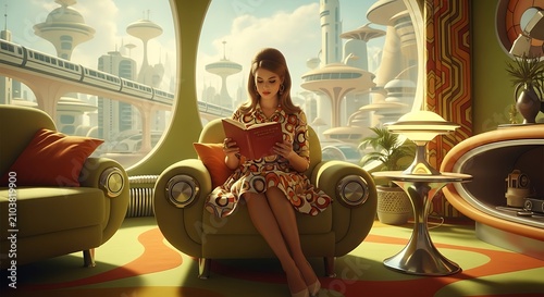 A woman sits on a sofa reading in a futuristic room