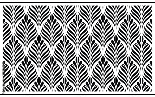Seamless art deco floral pattern vector with black and white damask wallpaper, leaf ornaments, and vintage geometric texture design.