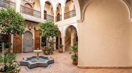 Traditional moroccan riad courtyard with a star shaped fountain