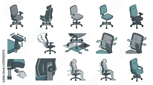 Office Chair Features and Ergonomics 3D Isometric Icons Set