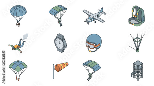 Skydiving Icon Set: Parachutes, Airplane, Skydiver, Gear, Wind Sock, Control Tower