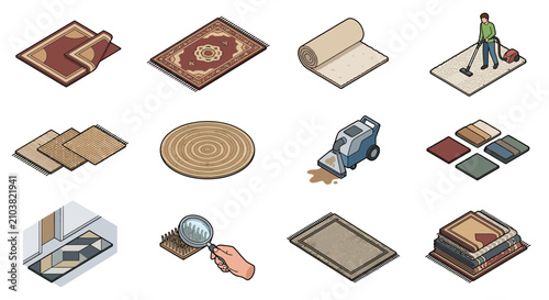 Carpet and Rug Icons Set: Cleaning, Types, Samples, Isometric View