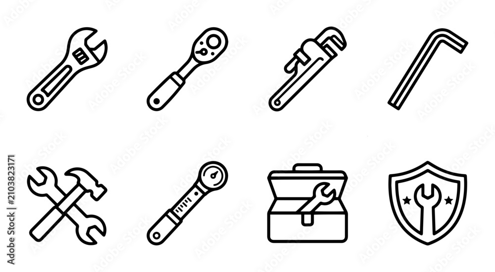Obraz premium Set of 8 Hand Tool Icons: Wrench, Ratchet, Pipe Wrench, Hex Key, Toolbox, Shield; Clean Line Art for Repair and DIY Projects