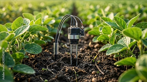 Smart agricultural soil sensor monitoring a lush green crop field