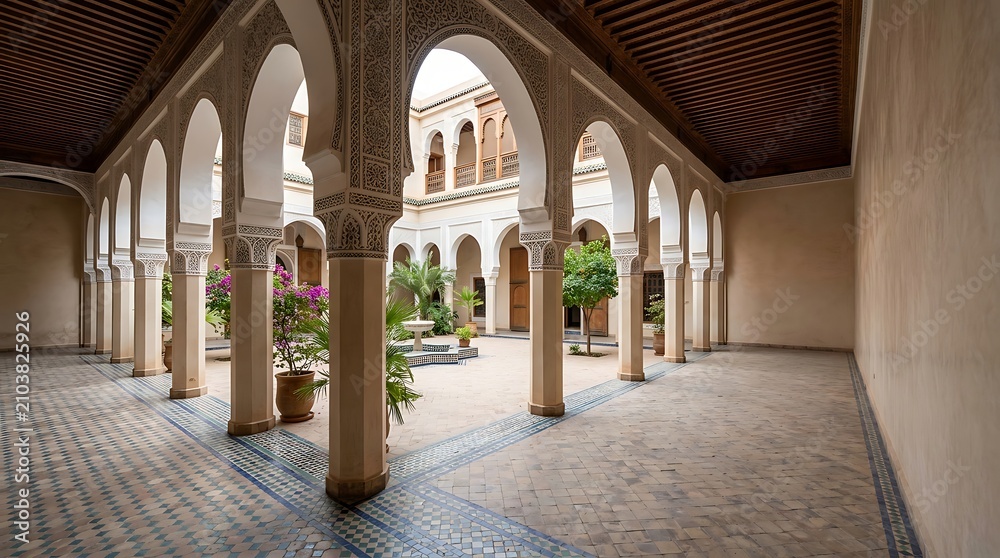 Obraz premium Traditional moroccan courtyard with ornate arches and tiled floors