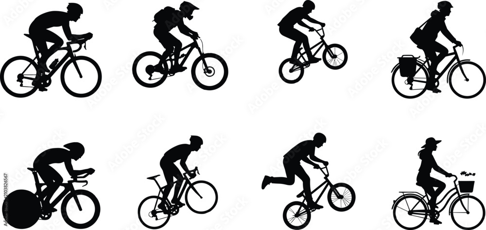 Obraz premium Vector silhouette collection of cyclists riding road, mountain, BMX, and city commuter bicycles on white
