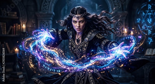 Powerful sorceress casting a glowing magic spell with arcane runes