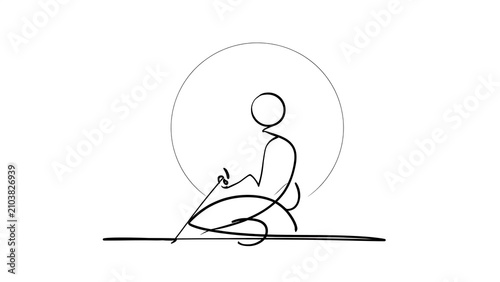 Minimalist line art person meditating white background.