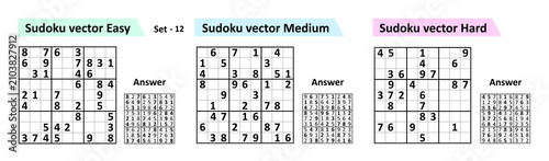 Sudoku game with answers. Simple vector design set Sudoku. Blank template. Complexity of the task is medium, easy, hard.