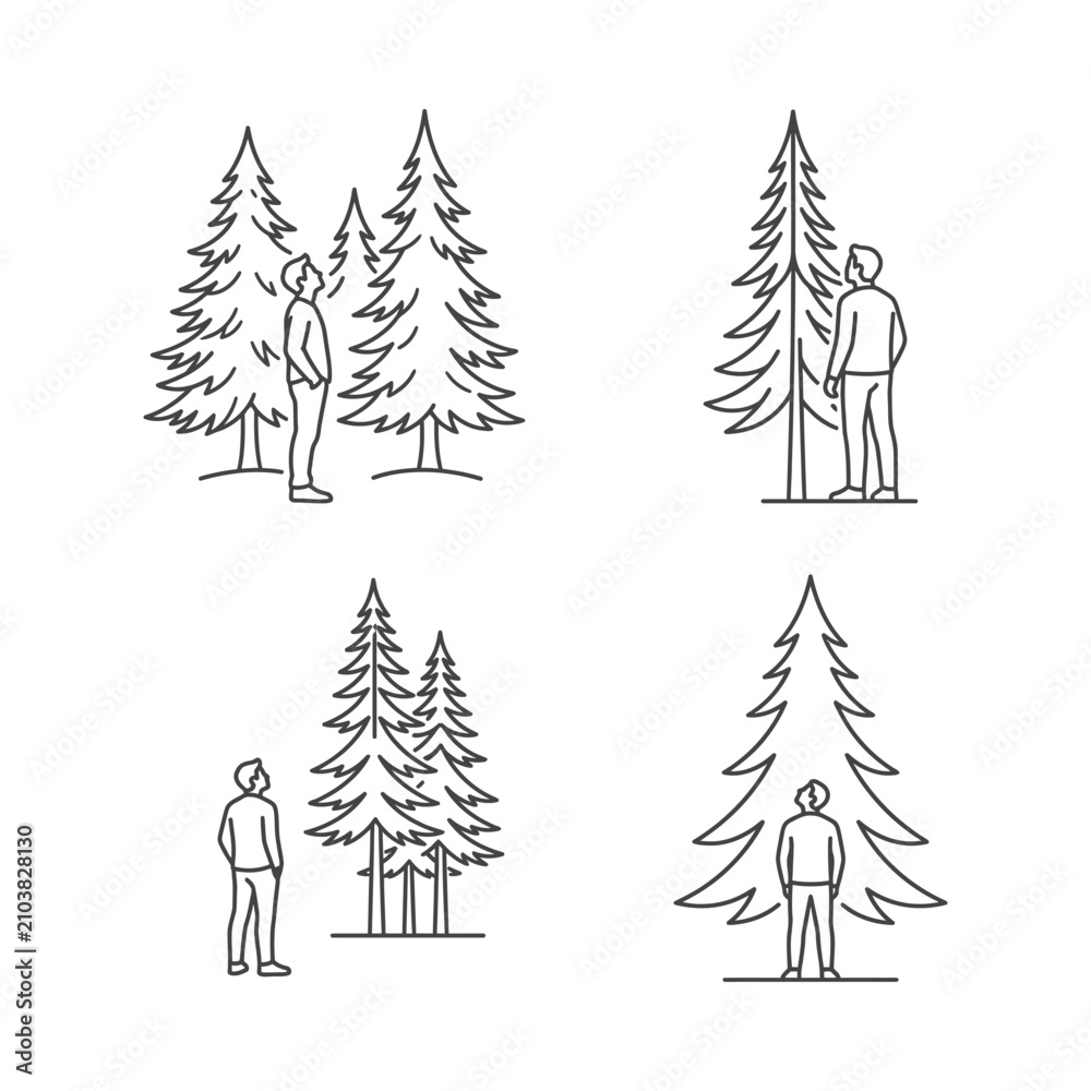 Obraz premium Man Looking Up at Tall Evergreen Trees - Line Art Vector Illustration