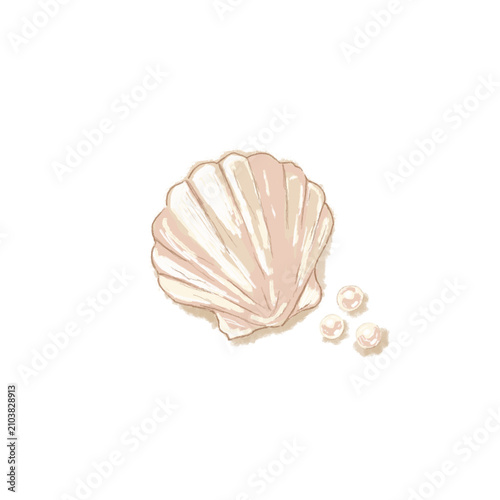 Canvastavla Hand drawn seashell with pearls, minimalist sketch illustration, cozy organic ou