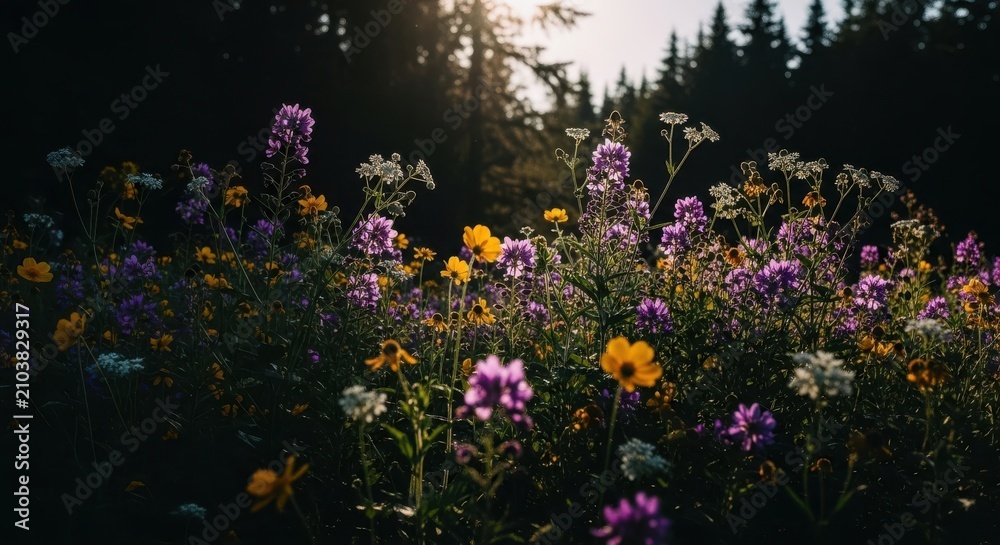 Naklejka premium Sunlight Filtering Through Wildflowers in a Forest Meadow