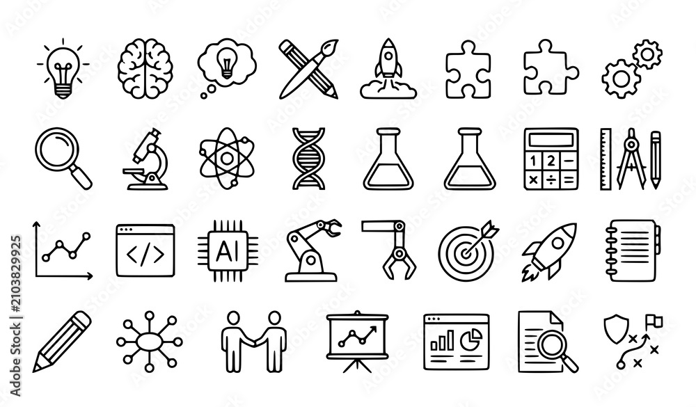Fototapeta premium Creative thinking and STEM outline icon set editable vector illustration