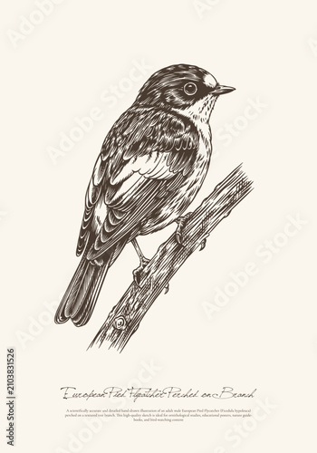 Detailed Hand Drawn European Pied Flycatcher Perched on Branch