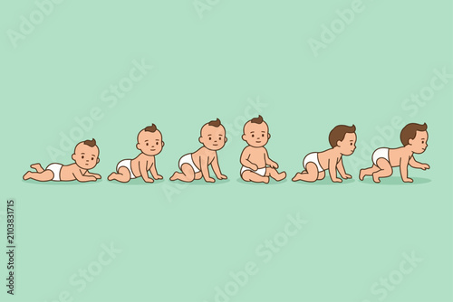 Baby development stages crawling and sitting illustration