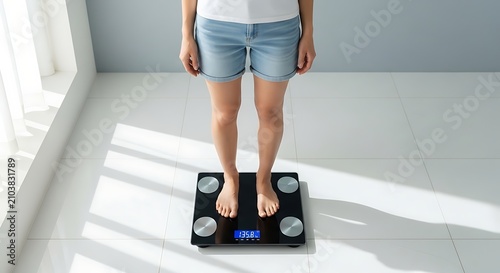 A woman stands on a digital scale in a room with light