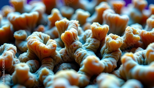 The image depicts a dense cluster of coral like structures with intricate, ruffled surfaces