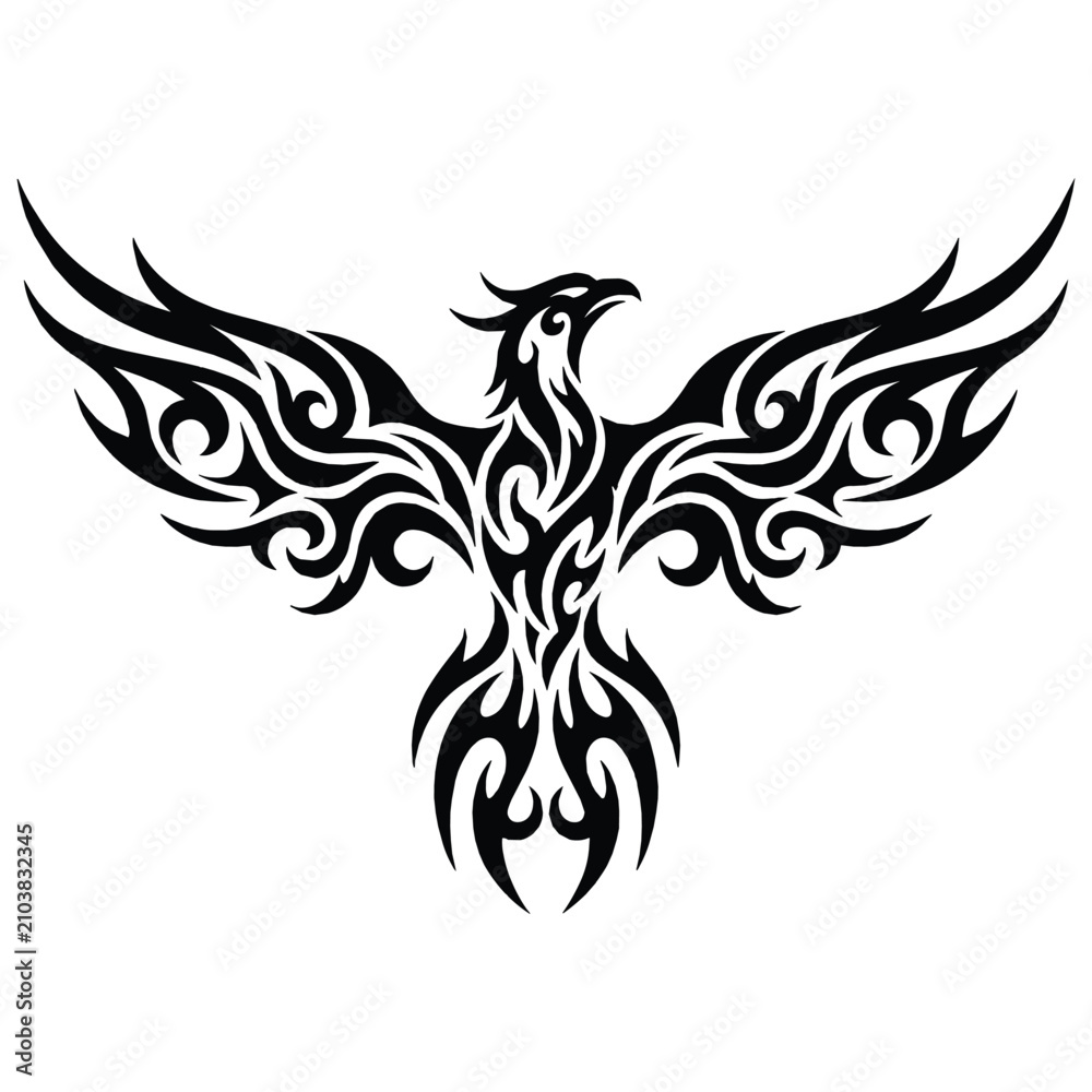 Fototapeta premium Detailed black and white phoenix graphic with ornate wings and flames in flight.