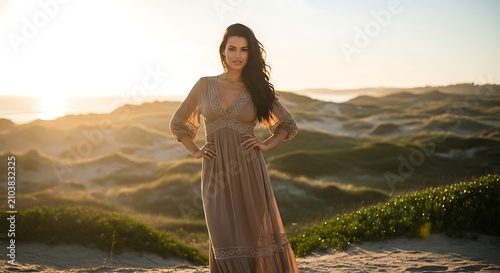 A woman stands on a sandy dune with her hands on her hips, wearing a long dress, as the sun sets behind her
