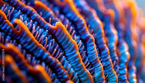 The image features a close up view of a vibrant, textured marine organism with numerous elongated, spiraling structures