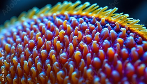 The image showcases a close up view of a vibrant marine organism, characterized by numerous small, finger like projections densely packed together