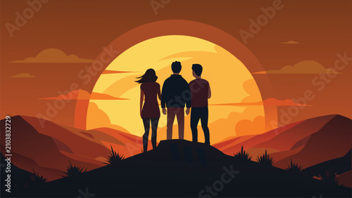 Konstfotografi Three figures stand silhouetted against a dramatic sunset, looking out over a mountainous landscape