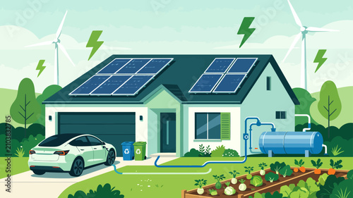 Sustainable eco friendly house concept with solar panels, wind turbines, electric vehicle charging, rainwater harvesting tank, and organic vegetable garden.