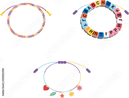 Bild auf Leinwand Crafted Bracelets Collection: A vibrant collection of three distinct DIY bracelets, each featuring unique designs: one with colorful braided cord