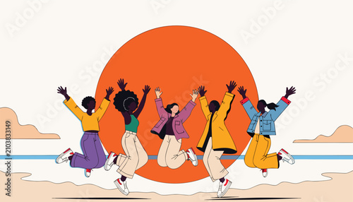 Φωτογραφία Joyful Women on Beach: A vibrant illustration depicts five diverse women joyfully jumping on a sandy beach, silhouetted against a large, warm sun and a clear sky
