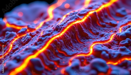The image features a highly detailed, close up view of a textured surface that appears to be a volcanic lava flow