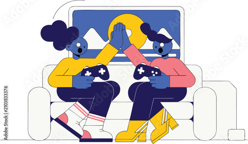 High Five Victory: Two friends celebrating a gaming success with a high five while playing video games on a couch, conveying excitement and camaraderie.