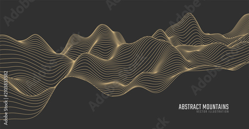 Contour mountain landscape. Waved line art. Abstract minimal topographic map. Contour lines with elevations and terrain depth. Vector illustration.