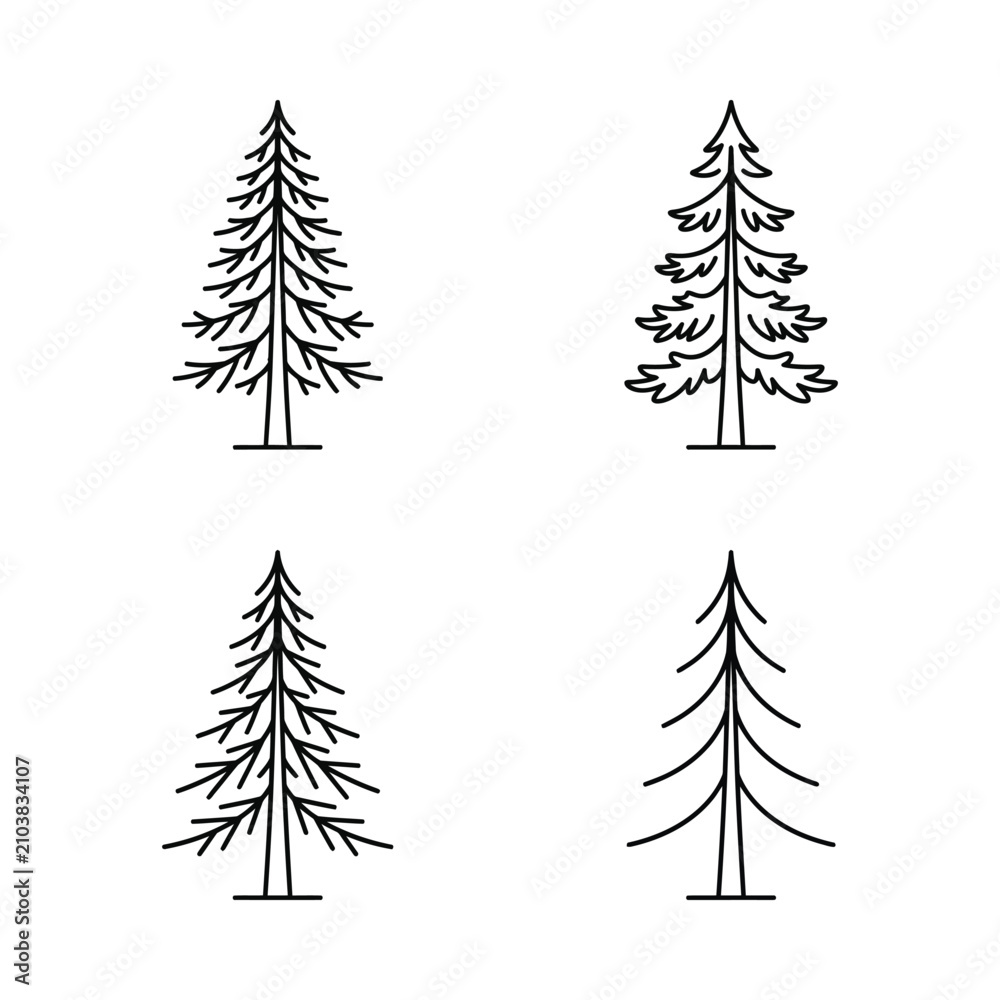 Fototapeta premium Simple Vector Line Art of Four Different Pine Trees