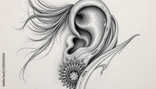 The image features a detailed, monochromatic drawing of a human ear with intricate elements incorporated into its design