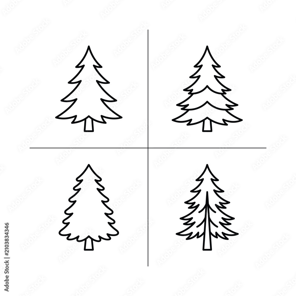 Fototapeta premium Four Simple Evergreen Tree Icons, Line Art Vector Illustrations
