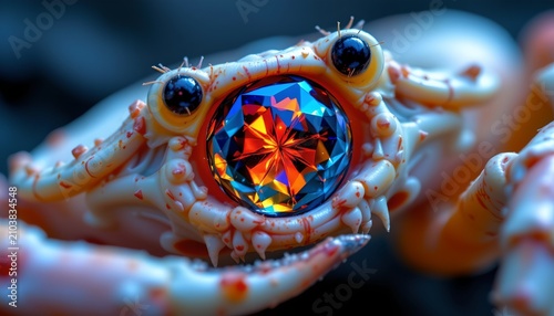 The image features a close up of a small, pale colored creature with multiple legs, possibly a crab, holding a large, vibrant, multifaceted gemstone at its center