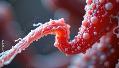 The image features a close up view of a brightly colored, textured organic structure, with a predominantly reddish pink hue