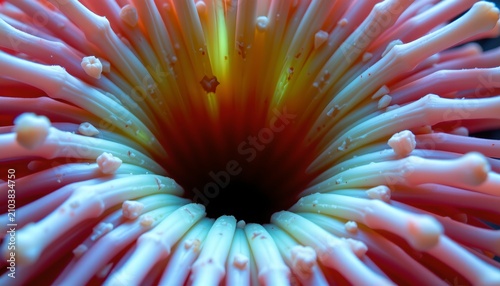 The image features a close up of a vibrant, colorful sea anemone with numerous soft tentacles radiating outward from a central dark opening