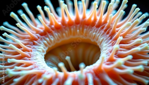 The image features a close up view of a marine creature with a circular, donut shaped body covered in numerous elongated, finger like projections radiating outward