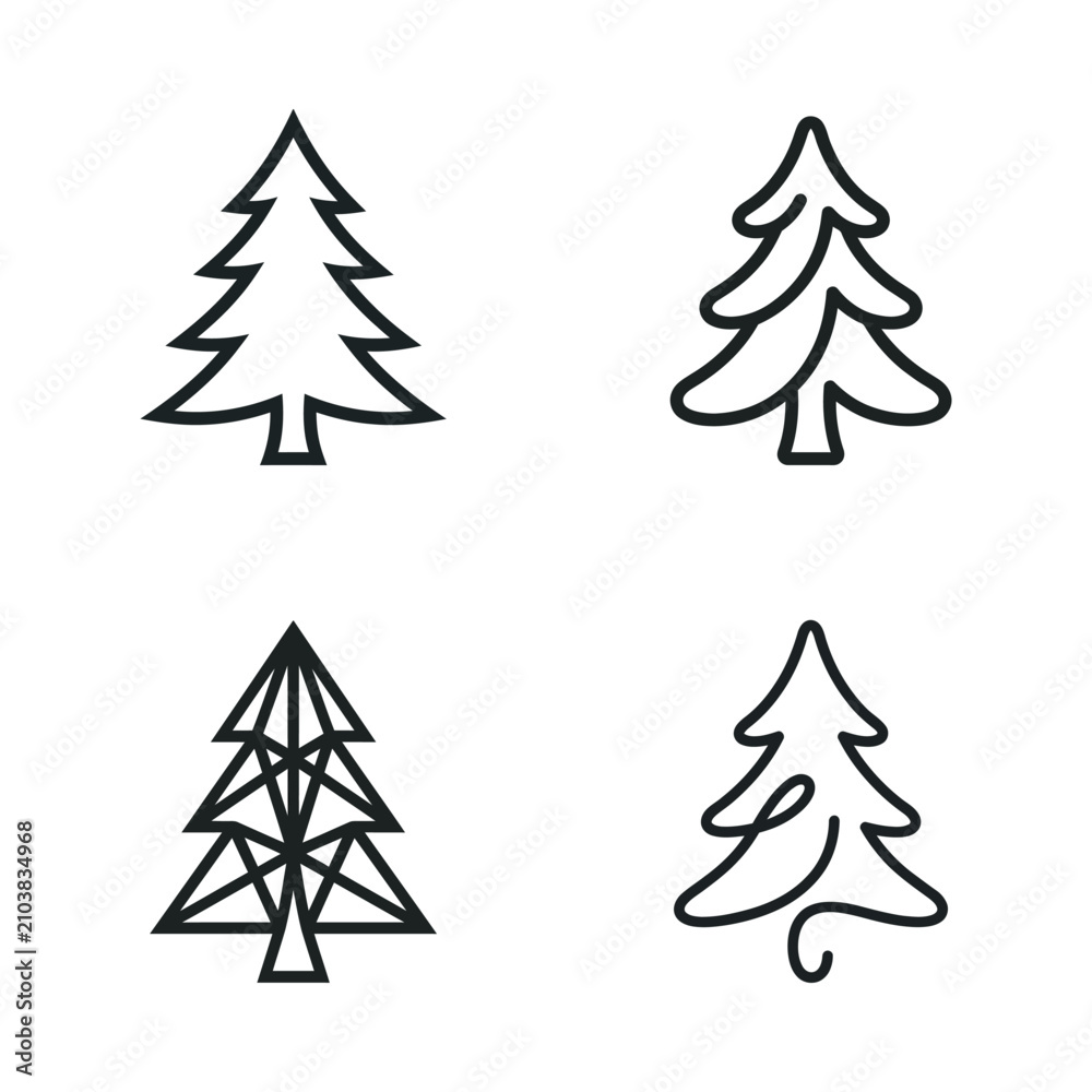 Fototapeta premium Set of Four Stylized Pine Tree Icons, Simple Line Art, Vector Graphics