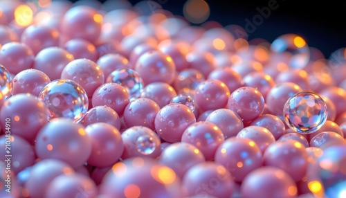 The image features a large collection of smooth, pastel pink spheres densely packed together, creating a soft and inviting scene