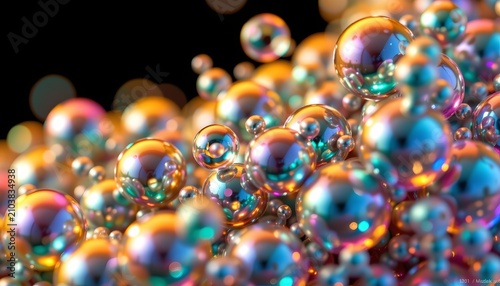 The image features numerous small, shiny, iridescent spheres clustered together against a dark background