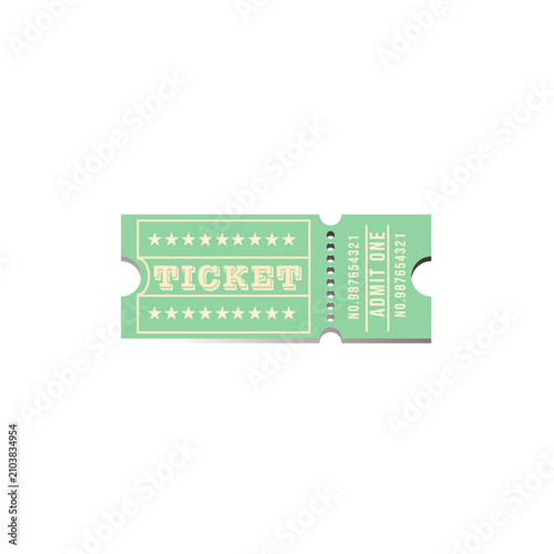 Green Vintage Retro Admit One Ticket Isolated on White Background with shadow, stars