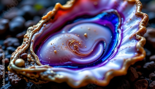 The image features a close up of a colorful, iridescent seashell with a swirling pattern of vibrant blue, purple, and white hues inside