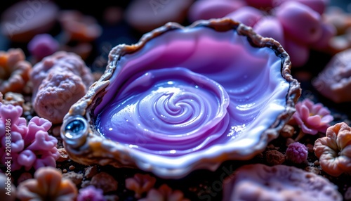 The image features a close up view of a polished, colorful shell with a swirling pattern of purple, pink, and white hues on its interior surface