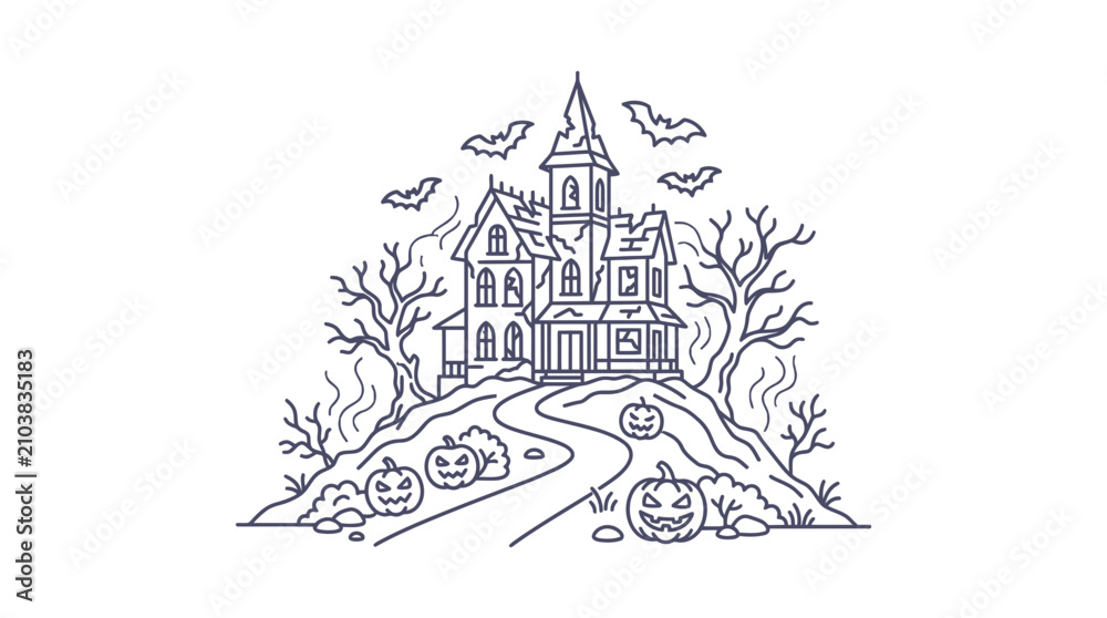 Obraz premium Spooky Halloween Haunted House on Hill with Pumpkins and Bats