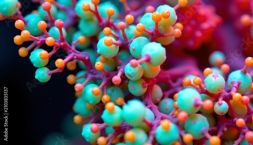 The image features a close up view of a colorful, intricate cluster of tiny, rounded structures connected by thin, branching stems